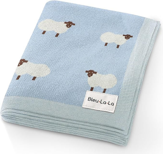 Knit Baby Swaddle Blanket for Boys - 100% Cotton Soft Cozy Lightweight Receiving Swaddling Crib Stroller Quilt Blanket for Newborns Infants Toddlers (Sheep - Baby Blue)