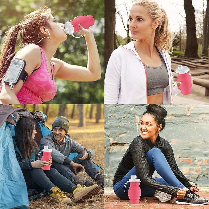 THAIOXYH® Collapsible Water Bottles 11 oz(320ml) Reuseable Foldable Portable BPA Free Silicone Collapsible Water Bottles for Traveling Hiking Camping Sports (pink)…