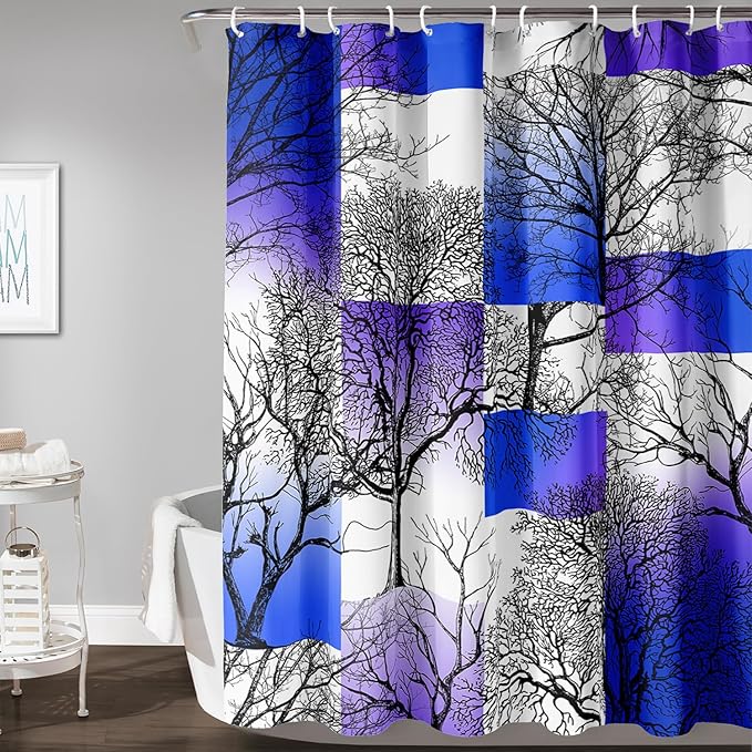 AILONEN Blue and White Tree Abstract Shower Curtain,Minimalist Printed Plant Tree Arts Bath Curtain,Modern Boho Waterproof Curtain for Bathroom Decor, 72" W x 78" H