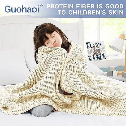 Knitted Weighted Blanket(Cream 50"x60" 10lbs),Home Décor Cooling Throw Blanket for Hot Sleepers,Hand Made Chunky Knit Heavy Blanket or Adults Use on Twin Size Bed