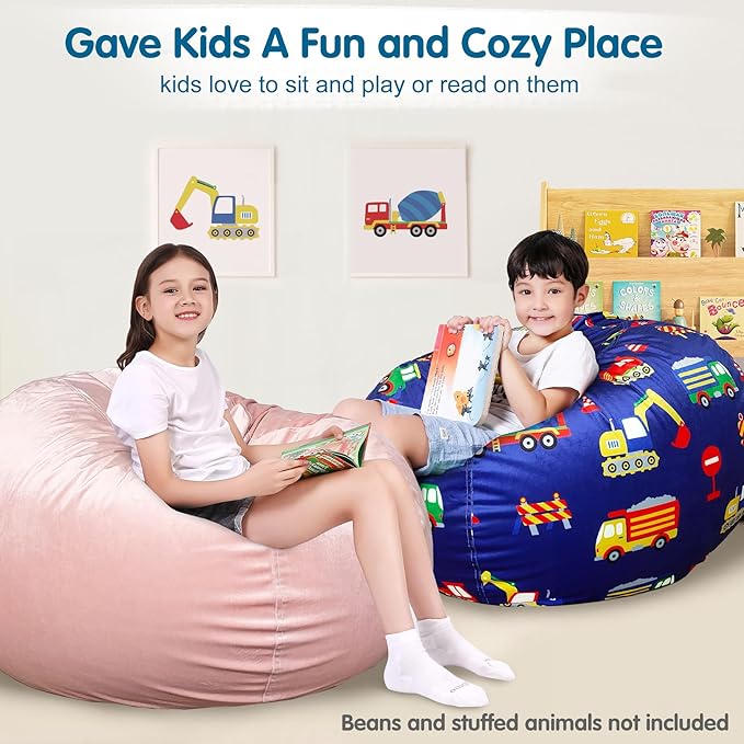 Lukeight Stuffed Animal Storage Bean Bag Chair Cover for Kids, Zipper Beanbag Chair Cover for Organizing Toddler and Kids' Rooms Plush Toys (Excavator Velvet, XX-Large)