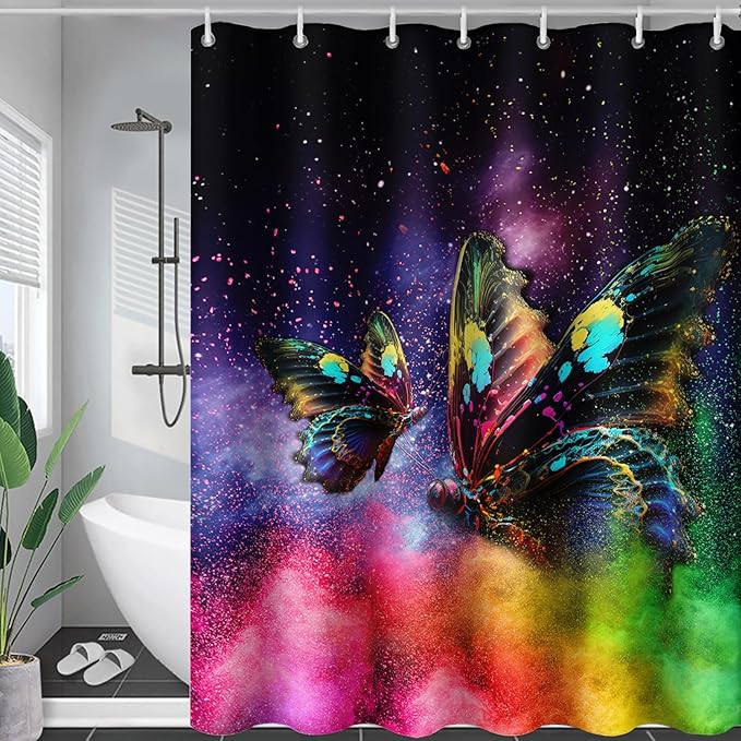 AILONEN Butterfly Shower Curtain for Bathroom, Rainbow Butterfly Bath Curtain,Modern 3D Printed Waterproof Tie Dye Shower Curtain with 12 Plastic Hooks (Kids/Girls/Women/Teen/) 60" W*72" H