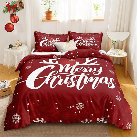 Bedbay Comforter Set King Size Christmas Bedding Set Xmas Elk Snowflakes Printed 4 Pcs Microfiber Soft Xmas Festival Bedding Set 1 Comforter 2 Pillowcases 1 Cushion Cover(Red,King)
