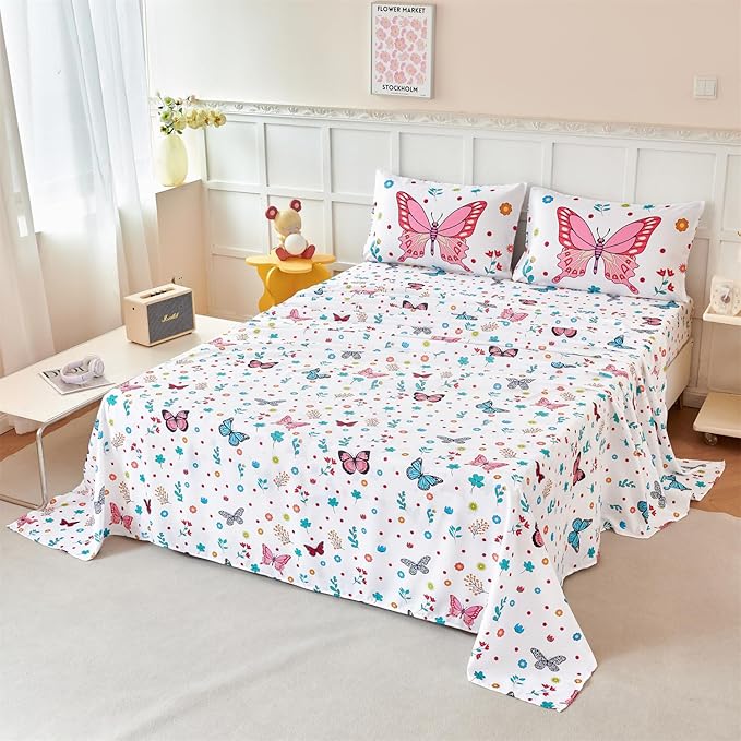 RYNGHIPY Girls Bed Sheets Twin: Butterfly Sheets Set for Girls Kids Bedsheets Deep Pocket 100% Microfiber Print Sheet Pillowcase Sets (Multicolor,Twin)