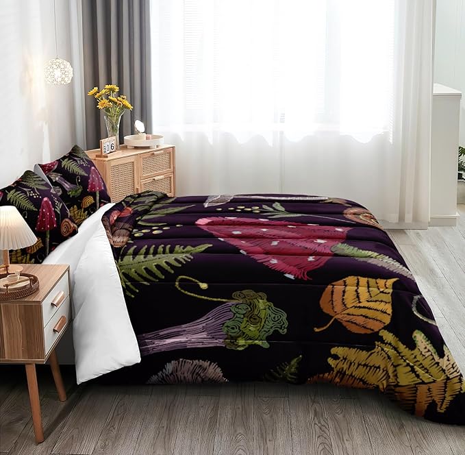 Bedbay Mushroom Comforter Set Queen Size 4 Pieces Retro Bedding Queen Bed Set Tropical Leaves Plant Mushroom Comforter Queen Set with 2 Pillowcases 1 Cushion Cover(Mushroom,Queen)