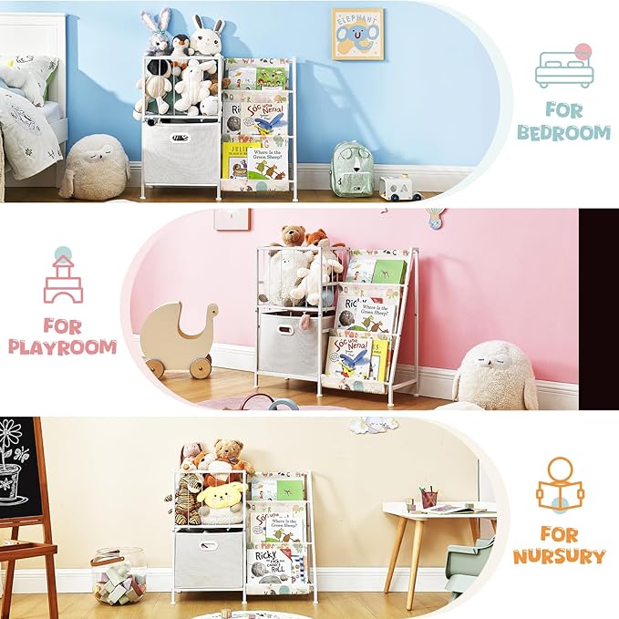 Kids Bookshelf and Toy Storage Organizer, 3 Tier Bookcase Book Shelf Stuffed Animal Storage with Toy Bins for Toddler Kids Rooms, Bedroom, Playroom, Nursery, Montessori Baby Toddler