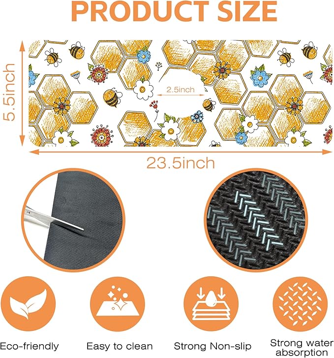 Kitchen Sink Splash Guard Faucet Mat Cute Bees and Honeycomb Sink Splash Guard Behind Faucet,1 PC Soft Diatom Mud Non-Slip Mat-for Kitchen,Dish Drying Mat,Bathroom Faucet Mat 15.5""X5.5""