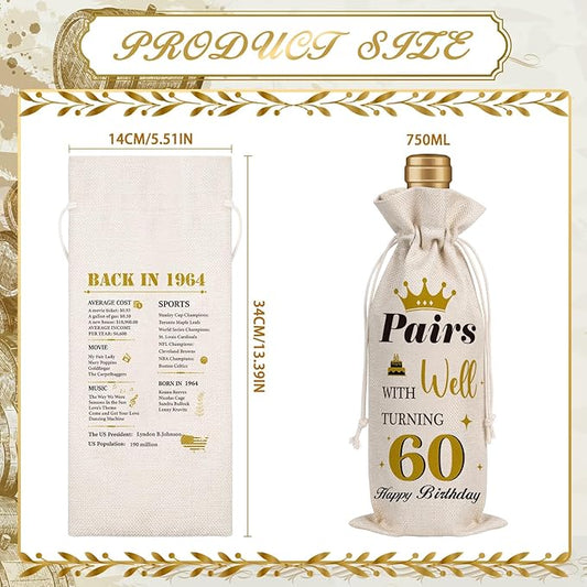 Wxiben 60th Birthday Wine Bags - 1pcs 1964 Wine Gifts for Women Men Burlap Back in 1964 Wine Gift Bag Over the Hill 60th Birthday Party Decorations for Her Him Friend Sisters Mom Wine Bottle Bag