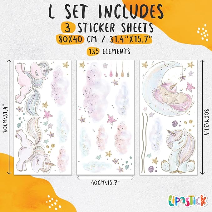 Unicorn Wall Decals for Kids by Lipastick - 135 pcs Unicorn Wall Stickers Peel and Stick - Wall Decals for Girls Kids Baby Nursery Bedroom - Kids Colorful Decals Glittered Moon Stars Clouds L Size