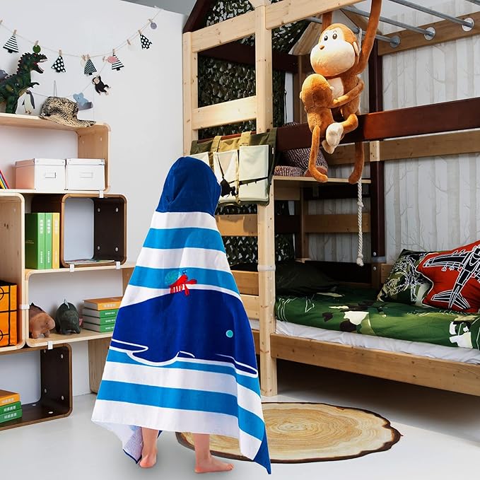 VOOVA & MOVAS Hooded Beach Towels for Kids | Soft Thick Absorbent Cotton Beach | Pool | Bath Towels for Ages 3-10, Narwhal Whale