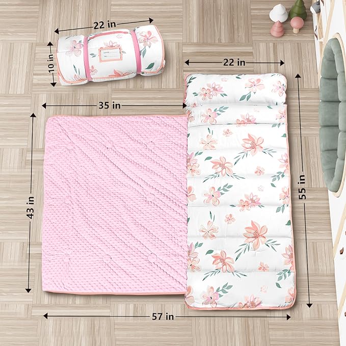 Nap Mat- Toddler Nap Mat with Pillow & Fleece Blanket- 55''*35''*3'' Nap Mat for Toddlers- Nap Mats for Preschool, Daycare