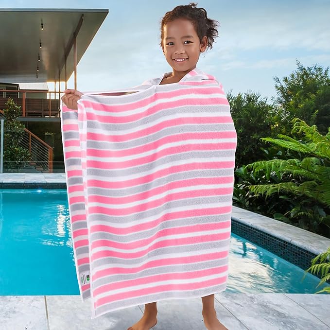 VOOVA & MOVAS Kids Poncho Towels - Soft 100% Cotton (4-8Years), Quick Dry Absorbent Light Weight Hooded Towel for Pool | Swim | Beach | Bath, Pink Gray Stripe