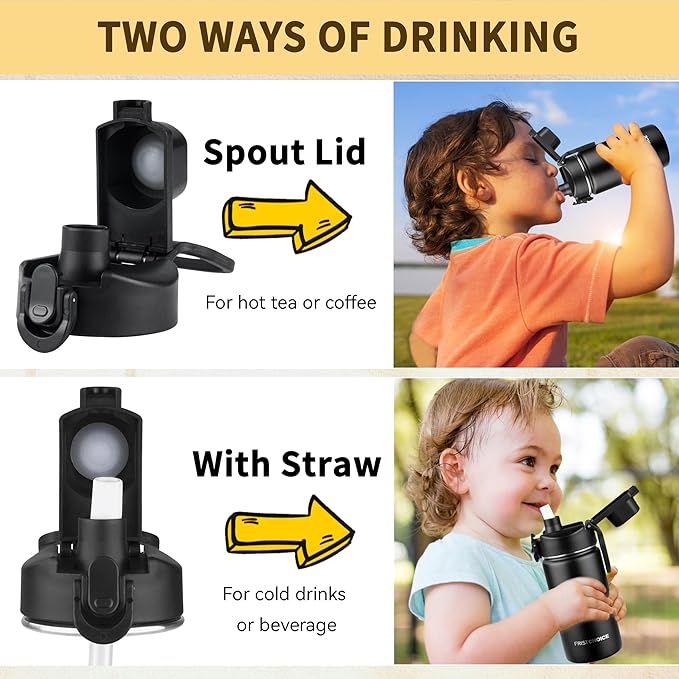 Kids Insulated Water Bottle with Straw,14oz Stainless Steel Water Bottle,BPA-free and Leak-proof,Double Wall Vacuum Water Flask for School,Gifts for Boys and Girls(14oz,Black)