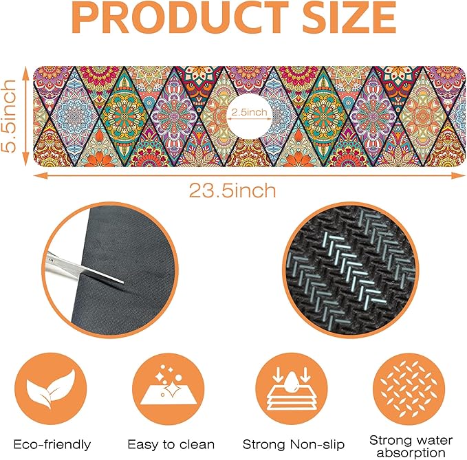 Kitchen Faucet Mat Bohemian Rug Texture Kitchen Sink Splash Guard Faucet Mat,1 PC Splash Guard Behind Faucet Drip Catcher for Kitchen,Sink Mat,Dish Drying Mat,Bathroom Faucet Mat 23.5"X5.5"