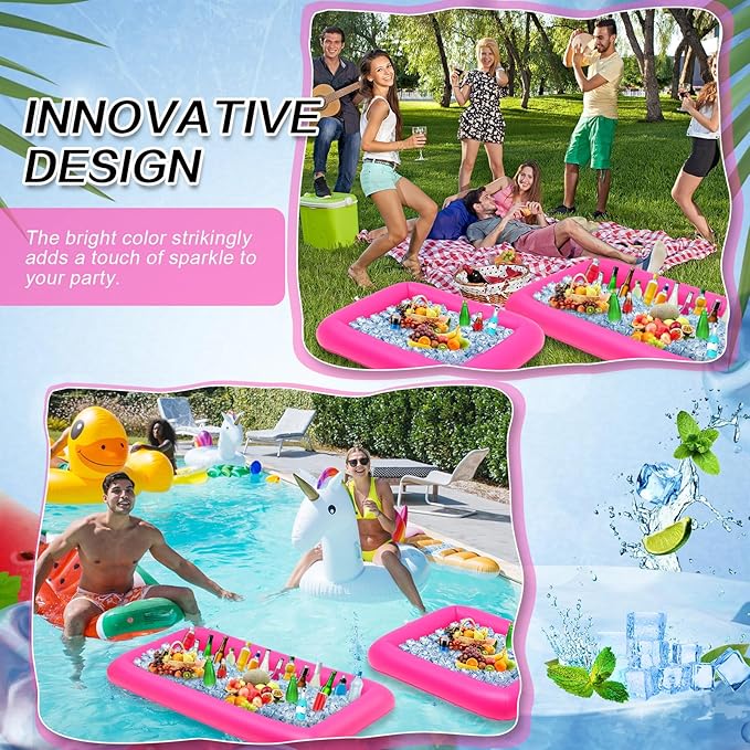 Leitee 4 Pcs Inflatable Ice Serving Bars Buffet Serving Tray Drink Cooler for Pool Party Inflatable Ice Tray Floating Food Drink Containers with Drain Plug and a Hand Pump, 2 Sizes (Pink)