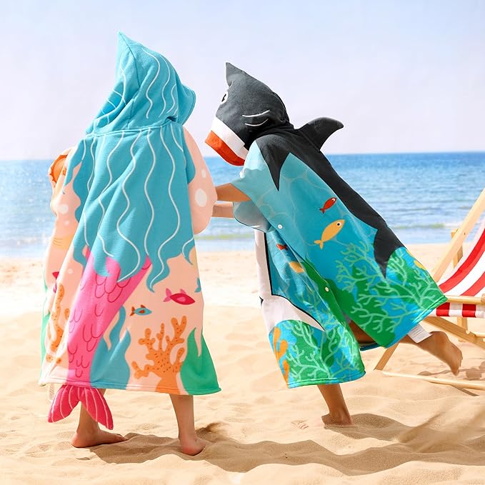 Joiedomi Kids Beach Towel - Mermaid Hooded Bath Towel - for Boys Girls 3-10 Years 30" x 30" - Toddler Soft Absorbent Swim Pool Towel- Quick Dry Microfiber Surf Poncho