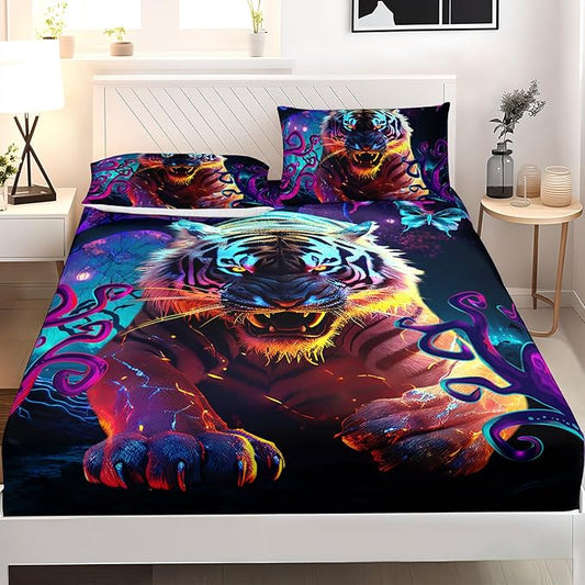 AILONEN Tiger Fitted Sheet Set Queen Size, Purple Magic Forest Fierce Tiger Bed Sheet Set for Boys Girls,Howling Tiger Soft Breathable Fitted Sheet and 2 Pillowcases,3 Pieces