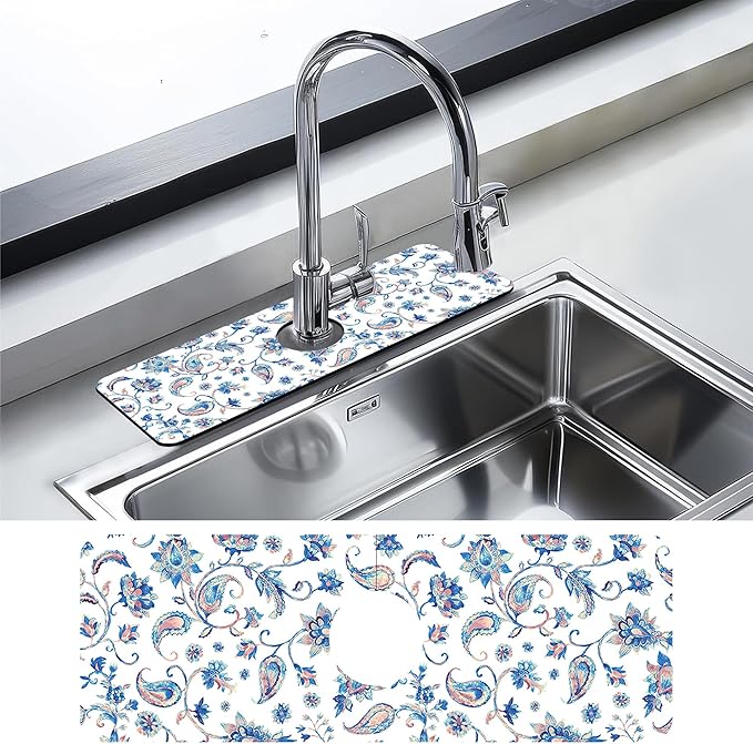 Kitchen Faucet Mat Watercolor Ceramic Floral Kitchen Sink Splash Guard Faucet Mat,1 PC Splash Guard Behind Faucet Drip Catcher for Kitchen,Dish Drying Mat,Bathroom Faucet Mat 15.5""X5.5""