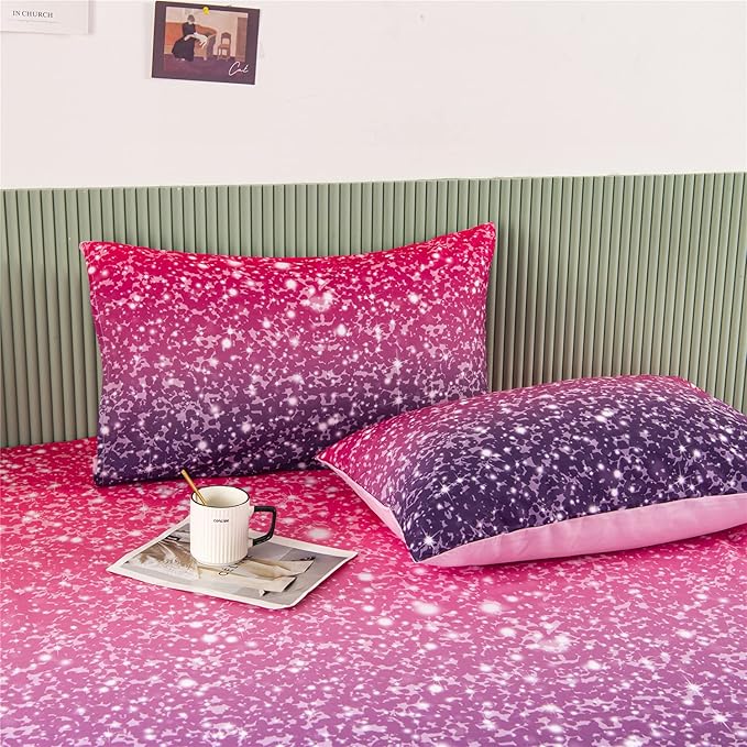 RYNGHIPY 3D Glitter Bed Sheet Set for Kids Teens Girls Women, Pink and Purple Rainbow Fitted Sheet & Pillowcase, Glitter Print Bedding Collections (Purple Pink,Full)