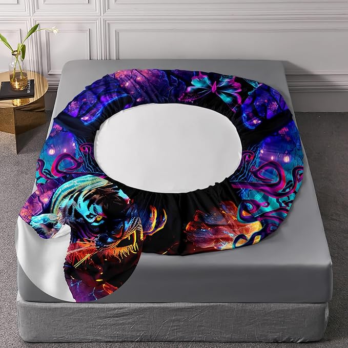 AILONEN Tiger Fitted Sheet Set Twin Size, Purple Magic Forest Fierce Tiger Bed Sheet Set for Boys Girls,Howling Tiger Soft Breathable Fitted Sheet and 2 Pillowcases,3 Pieces