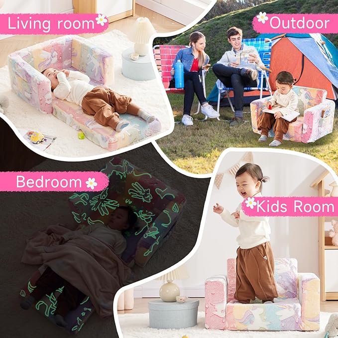 Toddler Chair, Toddler Couch, Kids Couch, Kids Sofa Chair 2 in 1, Comfy Toddler Chair Folding Out for Girls, Glow in The Dark Extra Soft Open Couch for Playroom, Gifts for Kids, Pink Unicorn