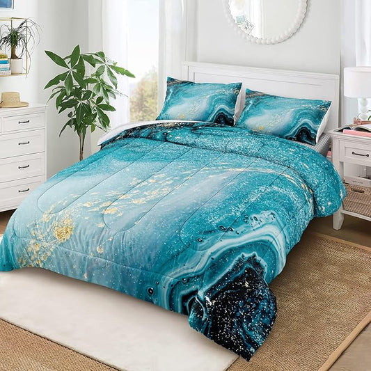 Bedbay Blue and Gold Comforter Duvet Set California King Comforter Teal Marble Bedding Comforter Set Western Bedding Watercolor Marble Abstract Art Quilt Set Bedroom Decor for Men Women(104" Wx96 L)
