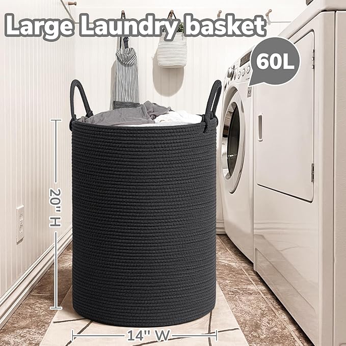INDRESSME Woven Laundry Basket, Baby Nursery Hamper Bin Tall Storage Basket for Living Room, Kids Laundry Hamper for Clothes, Toys, Large Rope Basket for Blankets, Pillows, 19.7 x 13.8 inches, Black