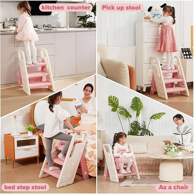 Folding Toddler Step Stool for Bathroom Sink,Adjustable 3 to 2 Step Stools for Toilet Potty Training,Sturdy Kids Step Stool for Kitchen Counter with Handle,Pink