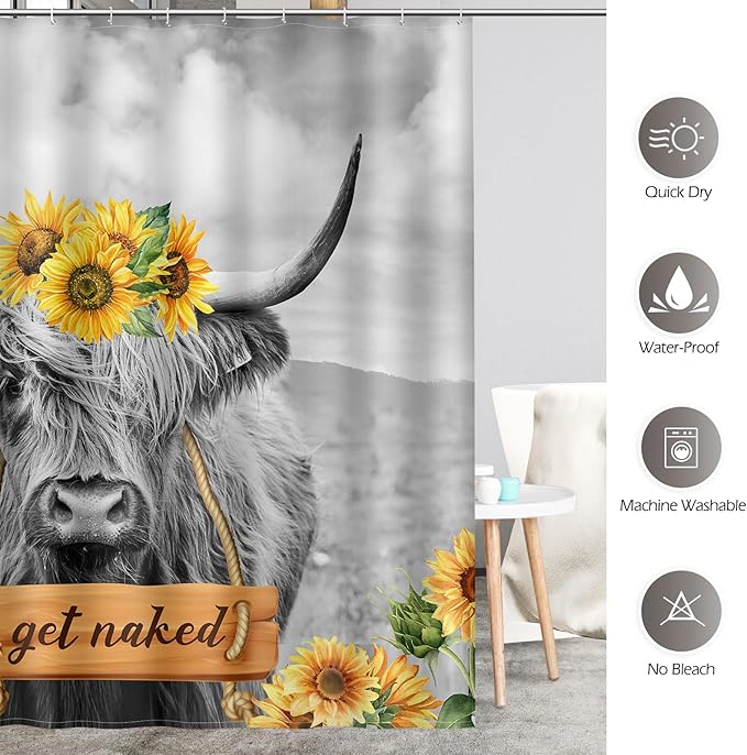 Aimego Extra Long Shower Curtain - Farmhouse Highland Cow Sunflower Rustic Western Country Get Naked Funny Fabric Cloth Shower Curtain Set with 12 Hooks Bathroom Decor Bathtub Curtain, 72"x84"