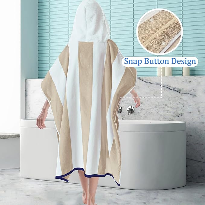 VOOVA & MOVAS Hooded Beach Towels for Boys| Girls | Teens (8-16Years), 100% Cotton Thick Poncho Towel Robe for Kids, Perfect for Pool, Beach, Bath and Gifts, Beige Stripe