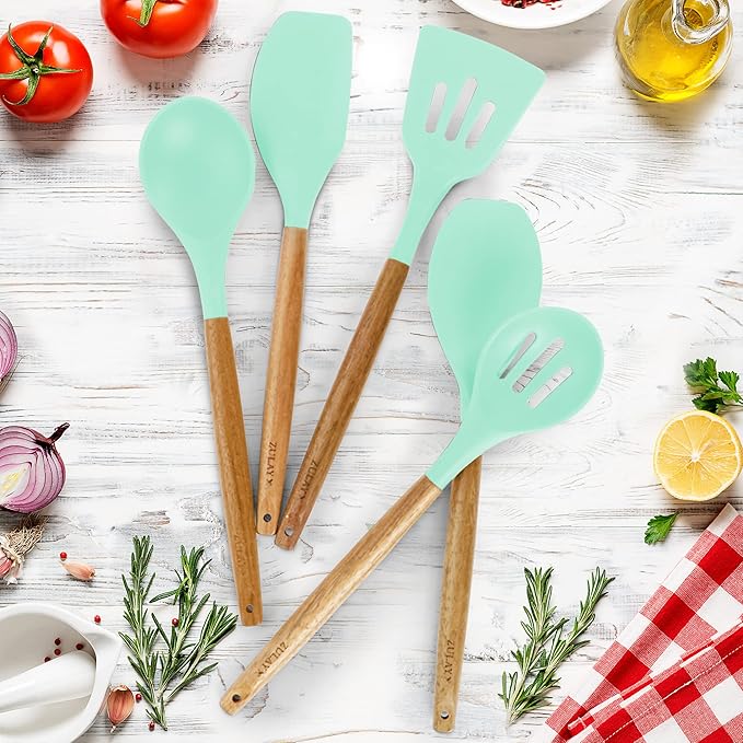 Zulay Non-Stick Silicone Cooking Utensils Set with Authentic Acacia Wood Handles - 5 Piece Silicone Kitchen Utensils Set (Aqua)