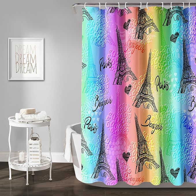 AILONEN Rainbow Shower Curtain for Bathroom, Rainbow Gradient Eiffel Tower Printed Bath Curtain,Women Girls Kids Minimalist Waterproof Fabric Shower Curtain Set with Hooks 72" W*78" H