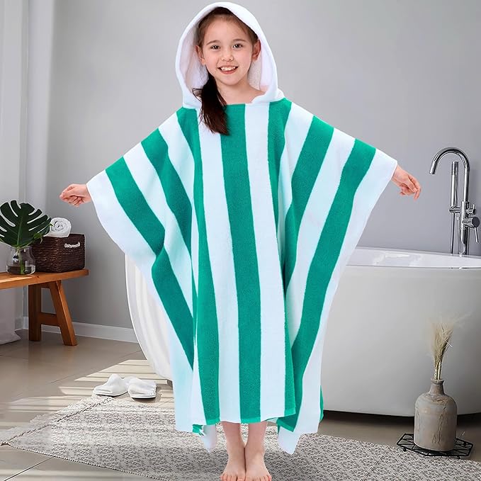 Terry Cloth Hooded Towel Poncho for Boys| Girls | Teens (8-16Years), 100% Cotton Thick Soft Absorbent Poncho Towel Robe for Kids, Perfect for Pool, Beach, Bath and Gifts, Aqua White Stripe