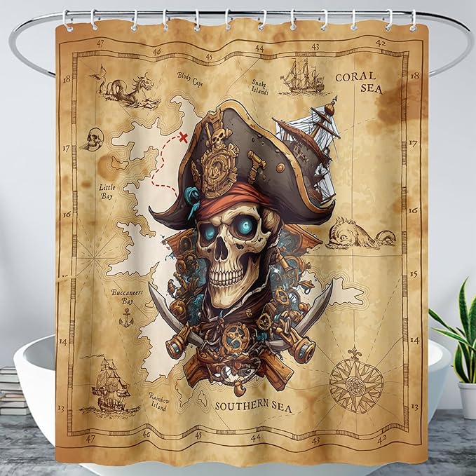 AILONEN Pirate Skull Shower Curtain for Bathroom,Vintage Ocean Nautical Bath Curtain Decoration,Pirate Captain Old Map Print Waterproof Shower Curtain with 12 Plastic Hooks, 36" W*72" H