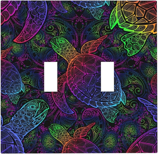 Multicolor Colors Sea Turtle Double Toggle Light Switch Covers 2 Gang Wall Plate Dual Decorative Switchplate Electrical Faceplate for Bathroom Country Kitchen Bedroom Decor, 4.9" x 5"