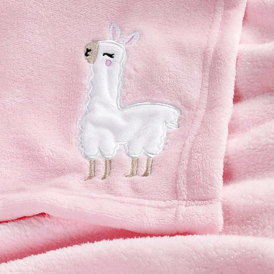 DaysU Plush Flannel Baby Blanket Super-Soft Lightweight, Embroidered Fleece Baby Blanket for Girls, Oversized Bed Throws for Kids and Children, Pink Alpaca, 50”x60”