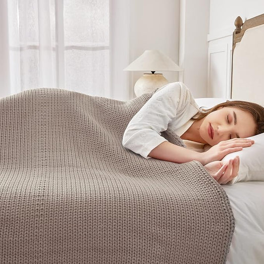 Knitted Weighted Blanket(Beige 50"x75" 12lbs),Home Décor Cooling Throw Blanket for Hot Sleepers,Hand Made Chunky Knit Heavy Blanket for Adults Use on Full Size Bed