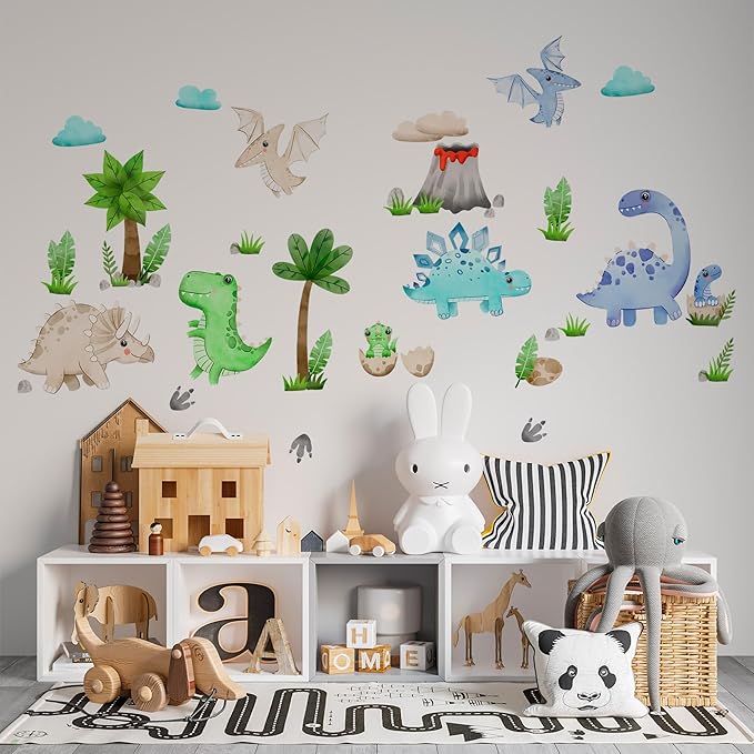 Dinosaur Wall Decals by Lipastick - Watercolour Dinosaur Kids Wall Stickers - Dinosaur Footprints Silhouettes Decals for Walls – Peel and Stick Decal for Kids Bedroom Nursery S Size