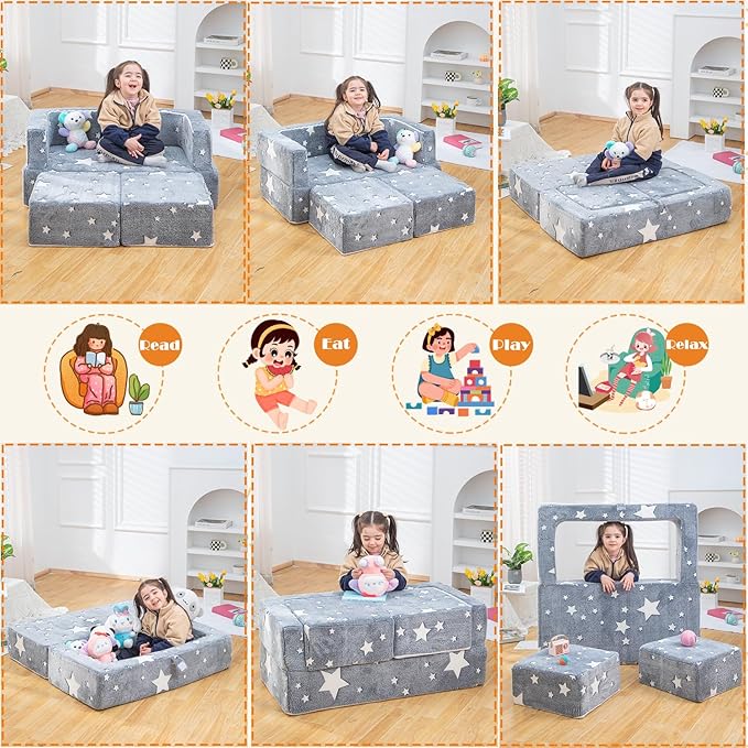 Kids Sofa Couch 3-in-1 Modular Toddler Couch Glowing Grey Baby Couch Foam Armchair for Boys & Girls Children Convertible Sofa to Lounger Plush Fold Out Sofa Play Set with Two Ottomans, Two Seats