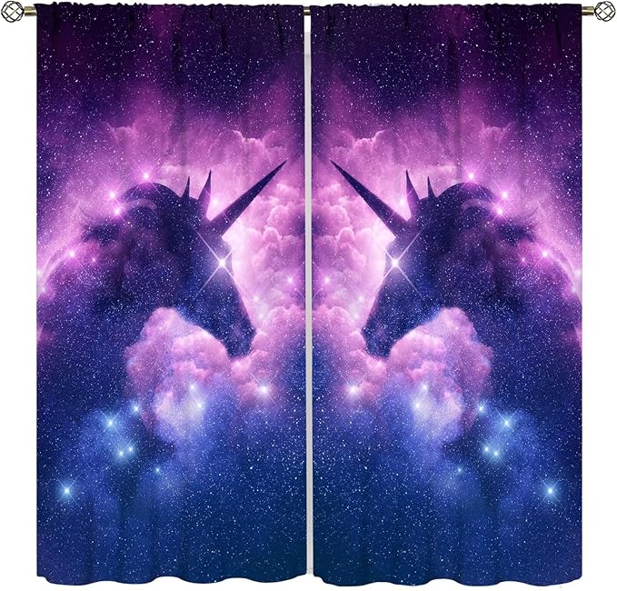 Unicorn Curtains Children's Cartoon Starry Sky Theme Unicorn Pattern Curtains Star Galaxy Boys Girls Room Blackout Curtains 42x63 Inch 2 Panels