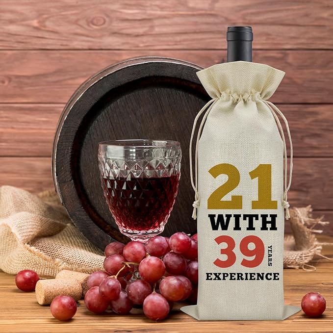 Sazuwu Funny 60th Birthday Gifts Wine Bag 60 Year Old Birthday Gifts for Friend 1964 Birthday Gifts Wine Bottle Decoration Bag 21 with 39 Years Experience Wine Accessories Gifts for Wine Lovers