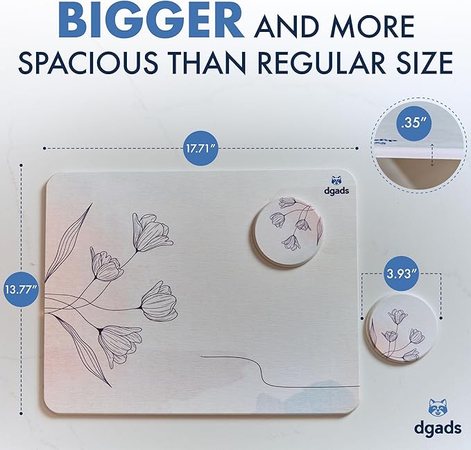 Stone Drying Mat for Kitchen Counter 17.71" x 13.77" with 2 x Absorbent Cup Coasters, Sanding Tool & Non-Slip Pad in Set | Quick Drying | Heat-Resistant | Diatomaceous Earth Instant Drying Dish Mat