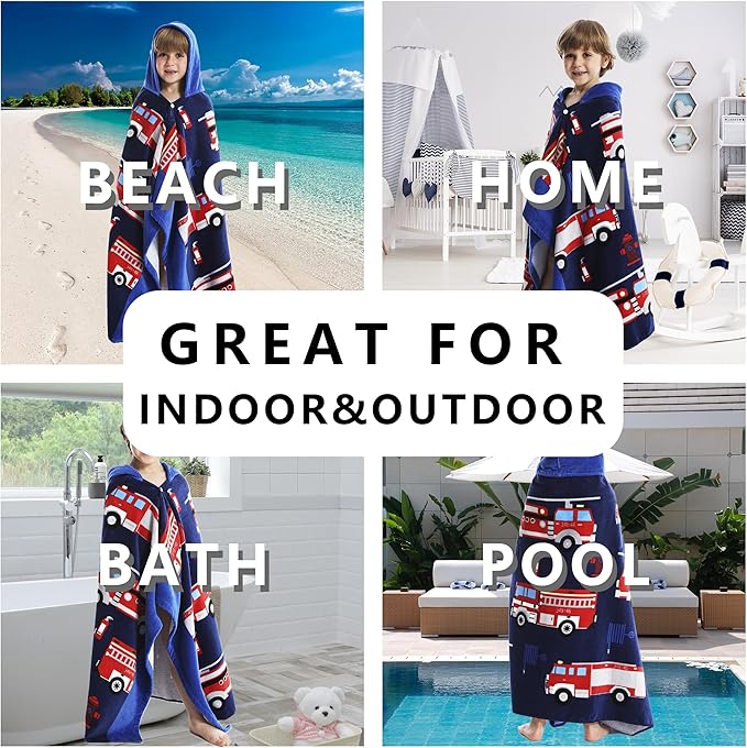 Kids Hooded Beach Bath Towel, Baby Surf Poncho Toddlers Soft Real Cotton Wrap Hooded Towels for Kids Boy Girl