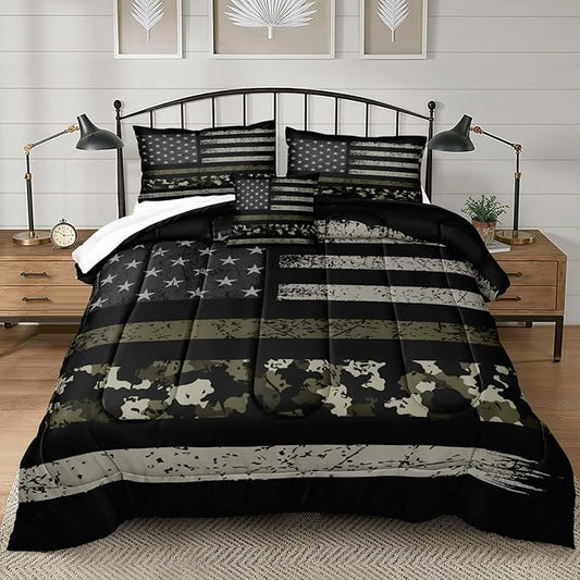 Bedbay California King Size Comforter Set American Flag Comforter Retro Military Camo Bedding Black Grey Army Green Camouflage USA Flag Printed 4 Pcs Bedding Set (Camo,Cal-King)