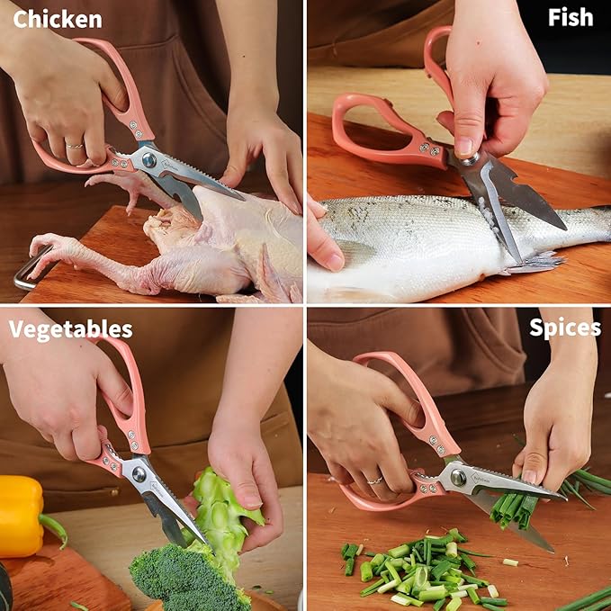 Kitchen Shears for Food Heavy-Duty: Multipurpose Kitchen Shears for Cutting Chicken, Bone, Meat, Food, (9'' Pink)