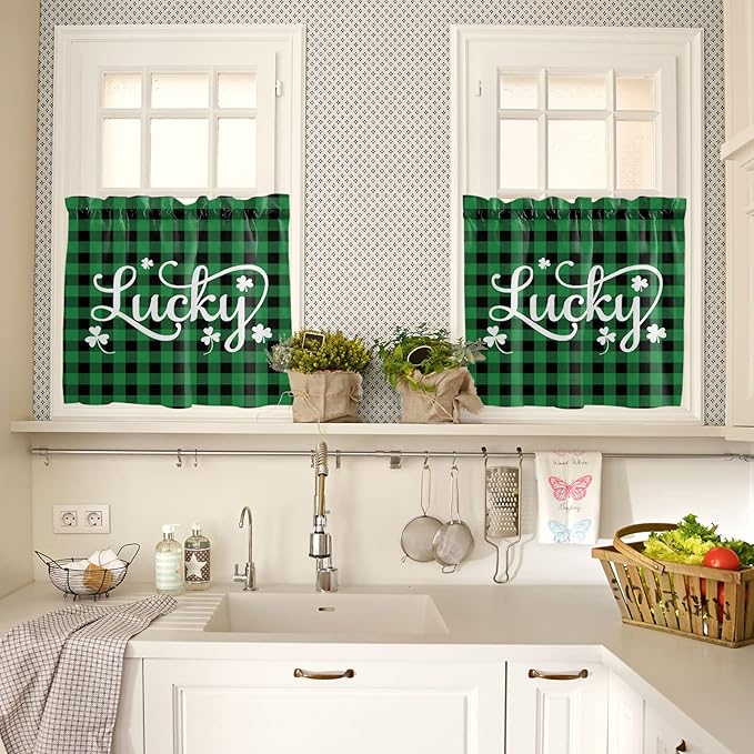 St. Patrick's Day Buffalo Plaid Kitchen Curtains and Valances Set, Lucky Shamrocks Clover Window Tiers Rustic Green Black Half/Short Curtains for Small Windows Cafe /Living Room/ Bedroom 54x 36 in