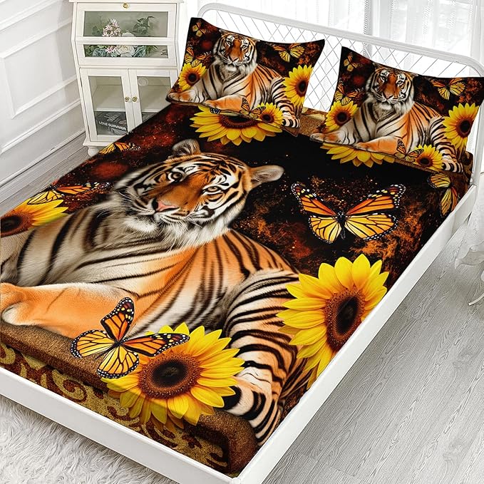 AILONEN Tiger Fitted Sheet Set Twin XL Size, Vintage Retro Boho Bed Sheet Set Sunflower Butterfly Sheet Set,3 Pieces Printed Teen Boys Tiger Fitted Sheet with 2 Pillowcases