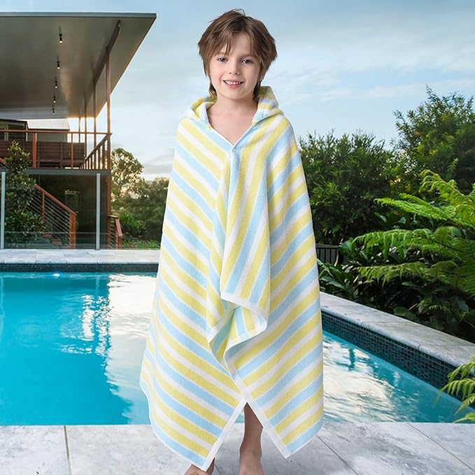 VOOVA & MOVAS Kids Beach Towels with Hood Lightweight - 100% Cotton (3-10Years) - Quick Dry Absorbent Towel for Pool | Swim | Beach | Bath, Boys Wrap Towel with Hood, Yellow Blue Stripe