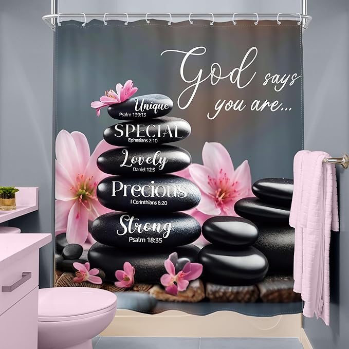 MESHELLY Zen Black Pink Shower Curtain 60Wx72H Scripture Flower Spa Relaxing Meditation Massage Bathroom Curtain Quotes Stone Bible Verse Bath Curtain Fabric Bathroom Accessories Decor with 12 Hooks