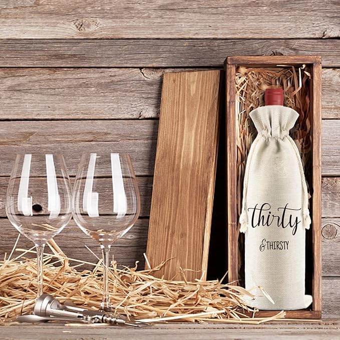 PLIGREAT 4 Pcs Cotton Linen Wine Bags, Reusable Wine Gift Bags with Drawstrings, Wine Bottle Wrap Bags Bulk Congrats Gifts Bags for 30th Birthday Party Thanksgiving Christmas Gifts Bags